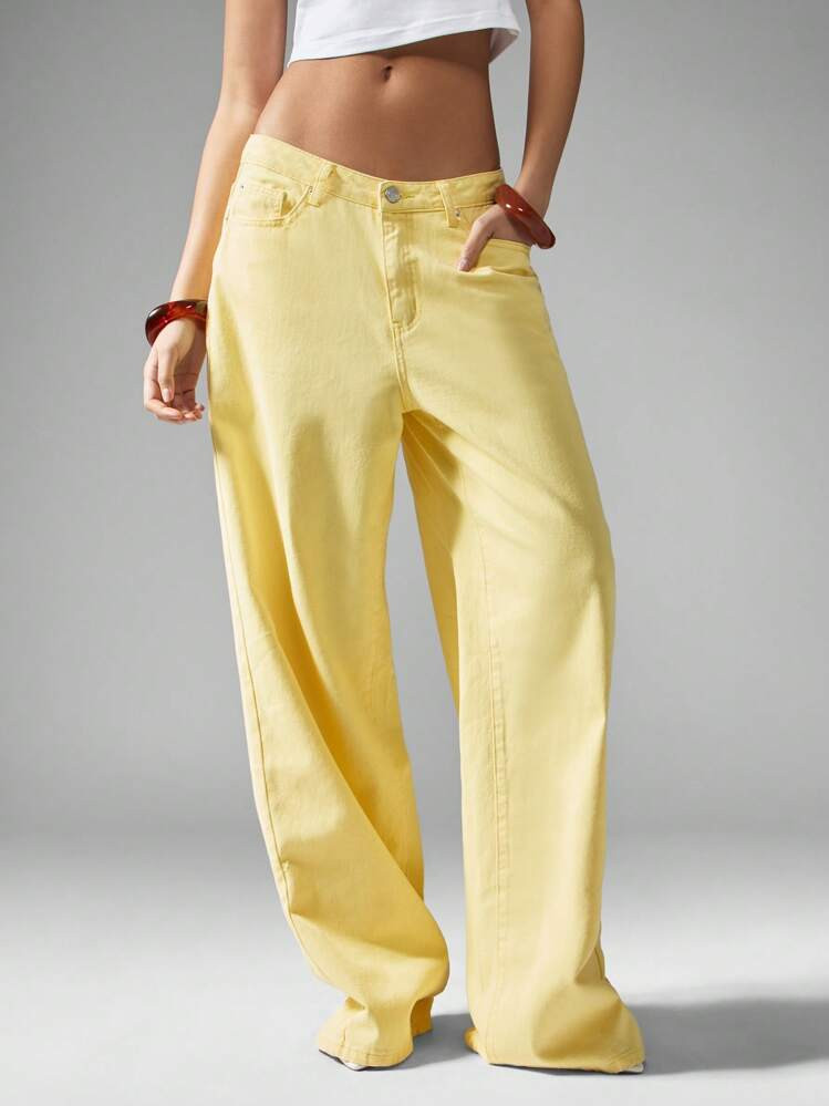 MISSGUIDED Ultra Wide Leg Baggy Jeans Y2K Style High Waist Denim Pants Spring Summer Fashion Pastel Yellow 90s Vintage Inspired Palazzo Cut | SHEIN