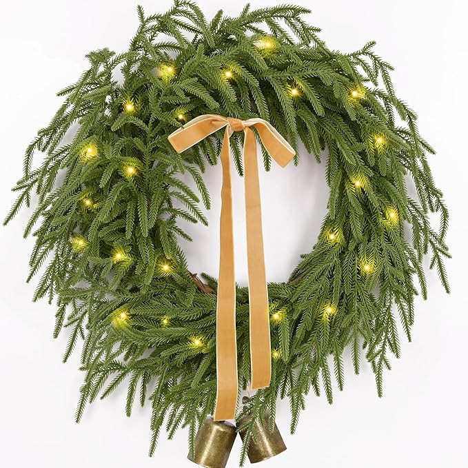 Christmas Wreath -24 Inch Real Touch Norfolk Pine Wreath for Front Door, Christmas Wreath with Li... | Amazon (US)