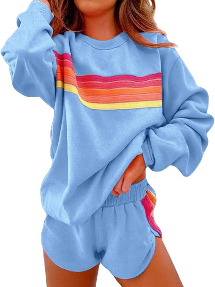 2 Piece Lounge Sets for Women Rainbow Striped Outfits Casual Long Sleeve Sweatshirt Shorts Trendy... | Amazon (US)