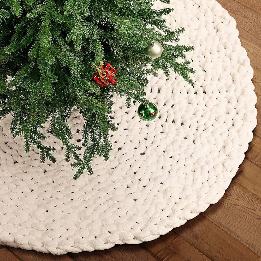 48 Inches White Knitted Christmas Tree Skirt Chenille Chunky Knit Rustic Tree Skirt Rug Christmas... | Amazon (US)