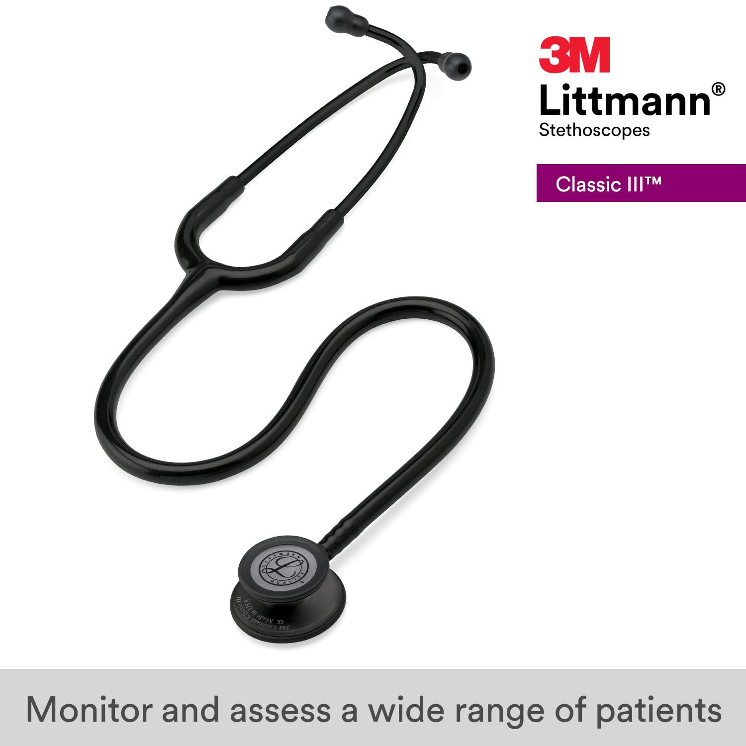 3M 5803 Littmann Classic III Black Edition Chestpiece Monitoring Stethoscope, 27" Black Tube | Amazon (US)