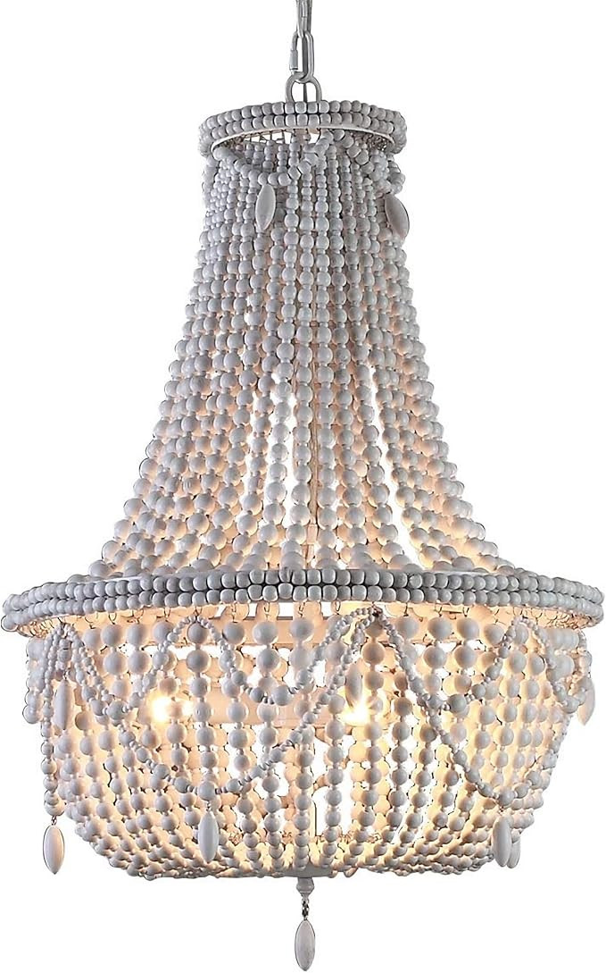 KunMai Farmhouse Distressed Wood Beaded Basket Chandelier White Pendant Three Lights Vintage Bedr... | Amazon (US)