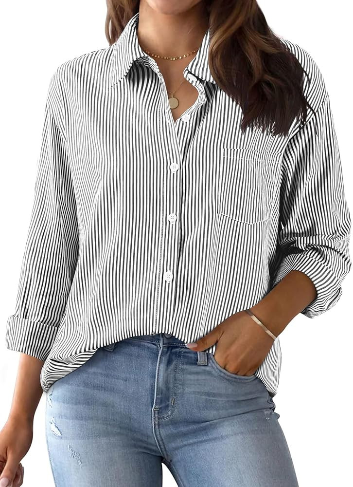 Xnova Women's Striped Button Down Shirts Collared, Classic Cotton Blouse Tops V Neck with Pocket,... | Amazon (UK)