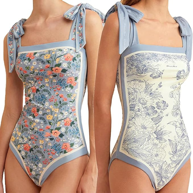 Women Floral One Piece Swimsuits, Reversible Tie Shoulder Monokini, Tummy Control Bathing Suits, ... | Amazon (US)