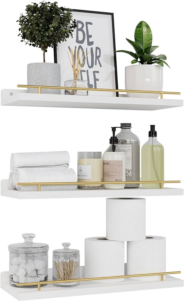WOPITUES Floating Shelves with Gold Metal Guardrail, Shelves for Wall Decor Set of 3, Wall Shelve... | Amazon (US)