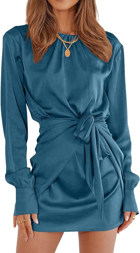 PRETTYGARDEN Women's 2022 Fall Satin Dress Long Sleeve Tie Waist Elegant Cocktail Party Mini Dres... | Amazon (US)