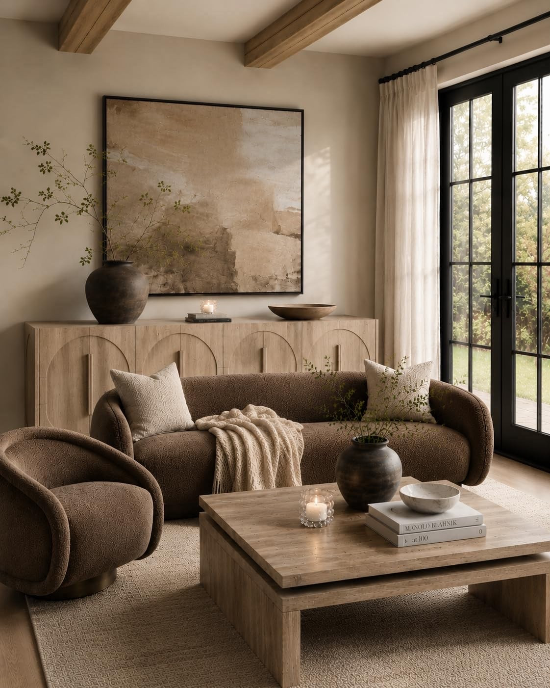 Cozy neutral living room- neutral aesthetic, wall art, cabinet sideboard, coffee table decor, swivel chair, area rug, pillows, earthy, moody, brown, beige, furniture and decor, Restoration Hardware, Amazon home, Wayfair home style

#LTKHome #LTKSaleAlert #LTKSeasonal