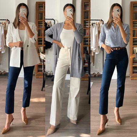 Spring work outfits / styling blue for spring workwear 

Cardigan- xs Gray Heather color 
Seamless tank - xs
Button up - xs 
Jeans - tts
Milo white jeans - 0P

#LTKunder100 #LTKstyletip #LTKworkwear