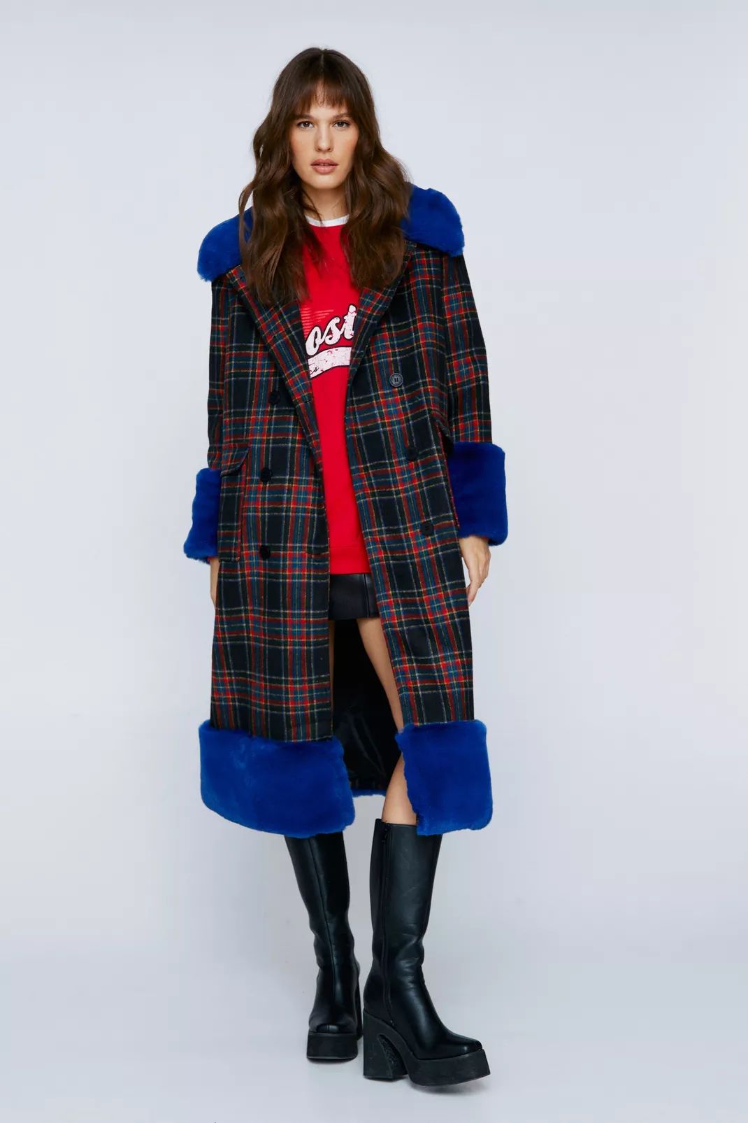 Premium Tartan Faux Fur Trimmed Check Coat | Nasty Gal (US)