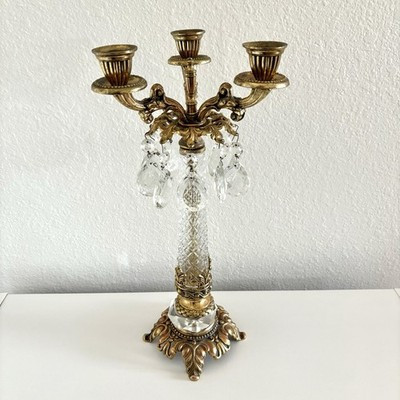BEAUTIFUL Vintage Crystal Brass Candelabra 3 arm CANDLESTICK Holder | eBay US