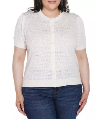 Plus Size Pointelle Scalloped-Placket Cardigan Sweater | Belk