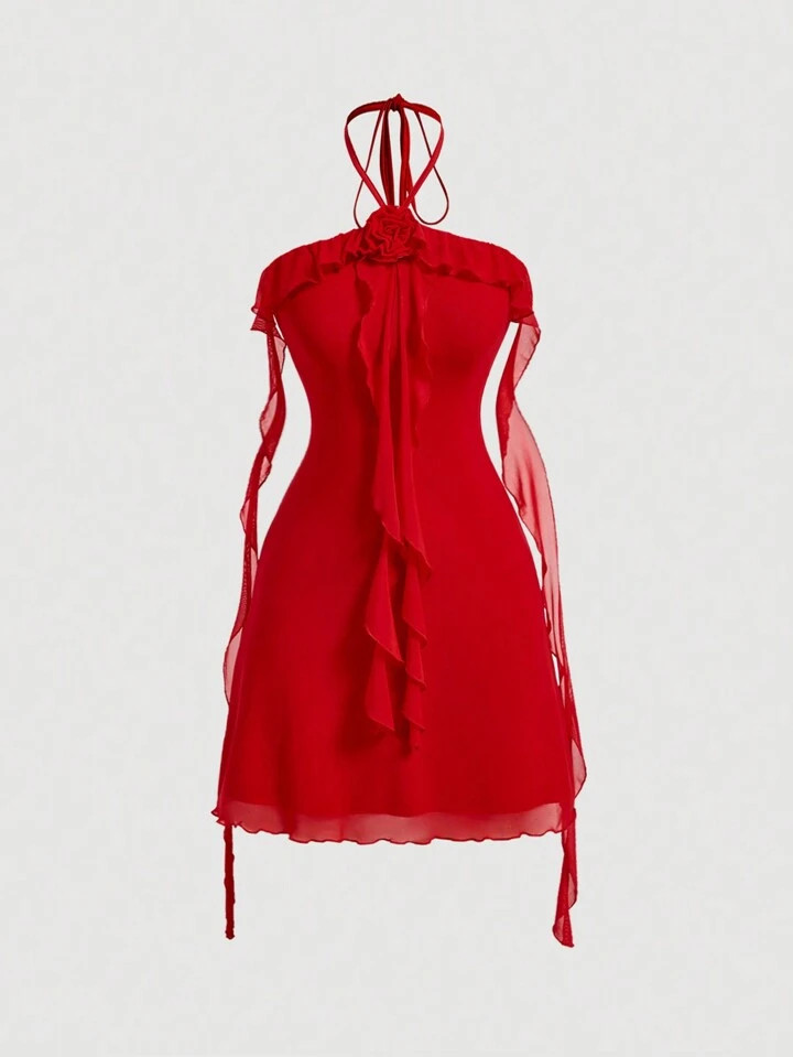 SHEIN MOD Red Sleeveless Halter Dress With Floral Decor And Ruffle Hem, Romantic Slim Fit Knit Me... | SHEIN