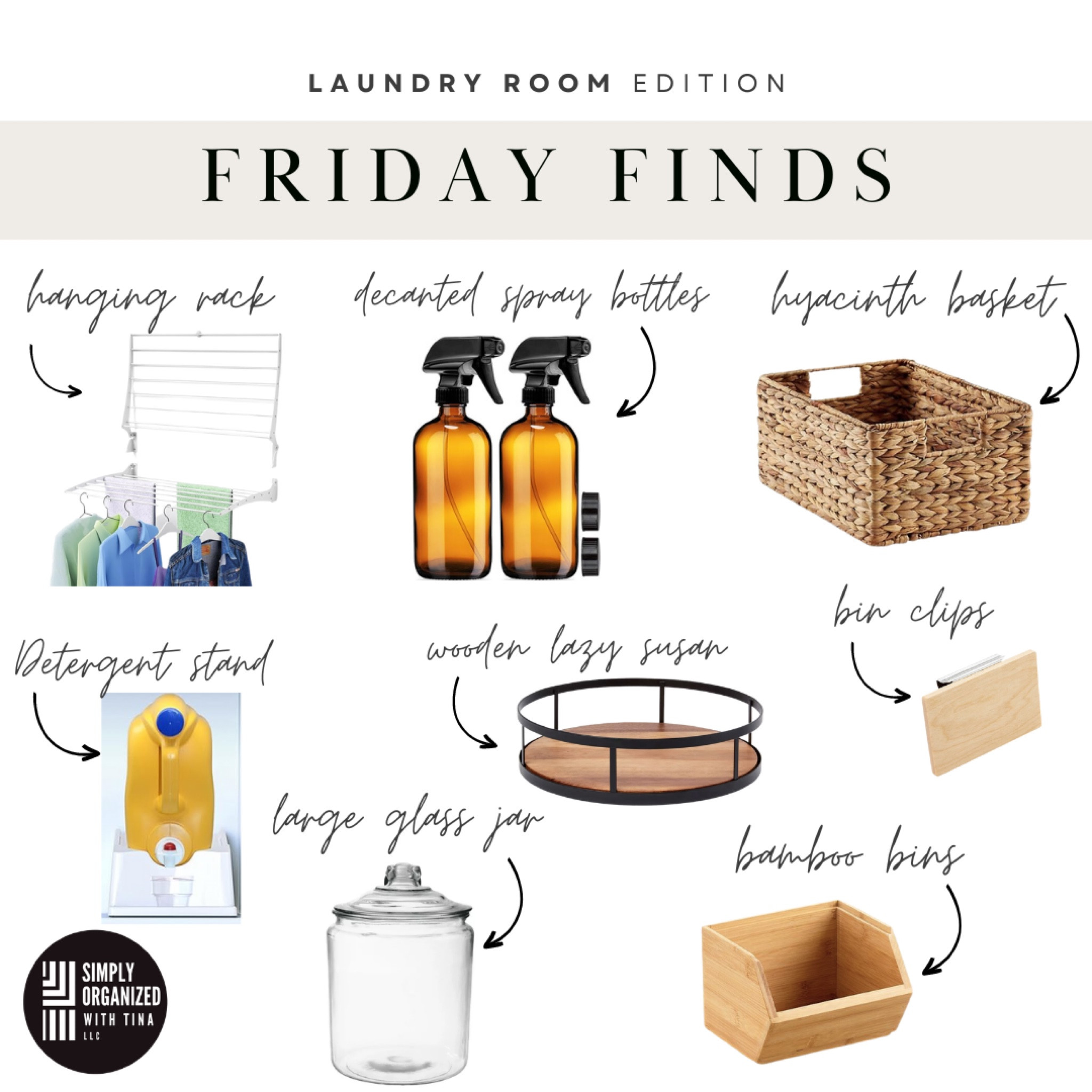 Doing laundry doesn't have to be a chore when you have a beautiful AND functional space! Decanting laundry products can help save valuable space and save time by making each and every item easy to reach. By using items like glass jars and decanting spray bottles, know exactly where everything is and when it's time to restock. Here are some of our favorite items to elevate your laundry space look:

▪️laundry rack- Drying rack easily folds up when not in use to save on space; heavy duty to dry towels, sweaters, coats, shoes, etc.
▪️ detergent stand- Dispense detergent without having to lift or tilt heavy detergent bottles; easily stores on counter, shelf, or on top of front-load washers
▪️ spray bottles- Decant laundry sprays; amber glass spray bottles prevent UV degradation and keep your essential oils safe, and the glass is immune to strong oils like citrus
▪️ hyacinth basket- Beautiful woven basket holds laundry room essentials
▪️ bin clips- Label baskets with this elevated wooden clip
▪️ wooden lazy susan- Store bottles while making it easy to reach any items
▪️ large glass jar- Glass jar perfect to store detergent, power cleaners, or dryer balls 
▪️ bamboo bins- Open storage to easily reach frequently used items

#laundryroomorganization #annapolisorganizers #daytonorganizers 

#LTKfamily #LTKhome