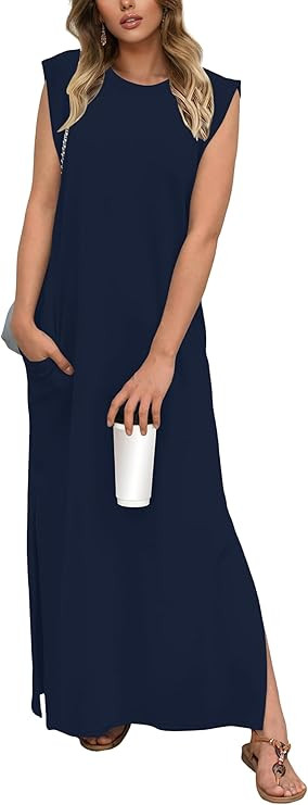 GRECERELLE 2025 Women Summer Casual Round Neck Cap Sleeve Maxi Dress with Pockets Beach Vacation ... | Amazon (US)