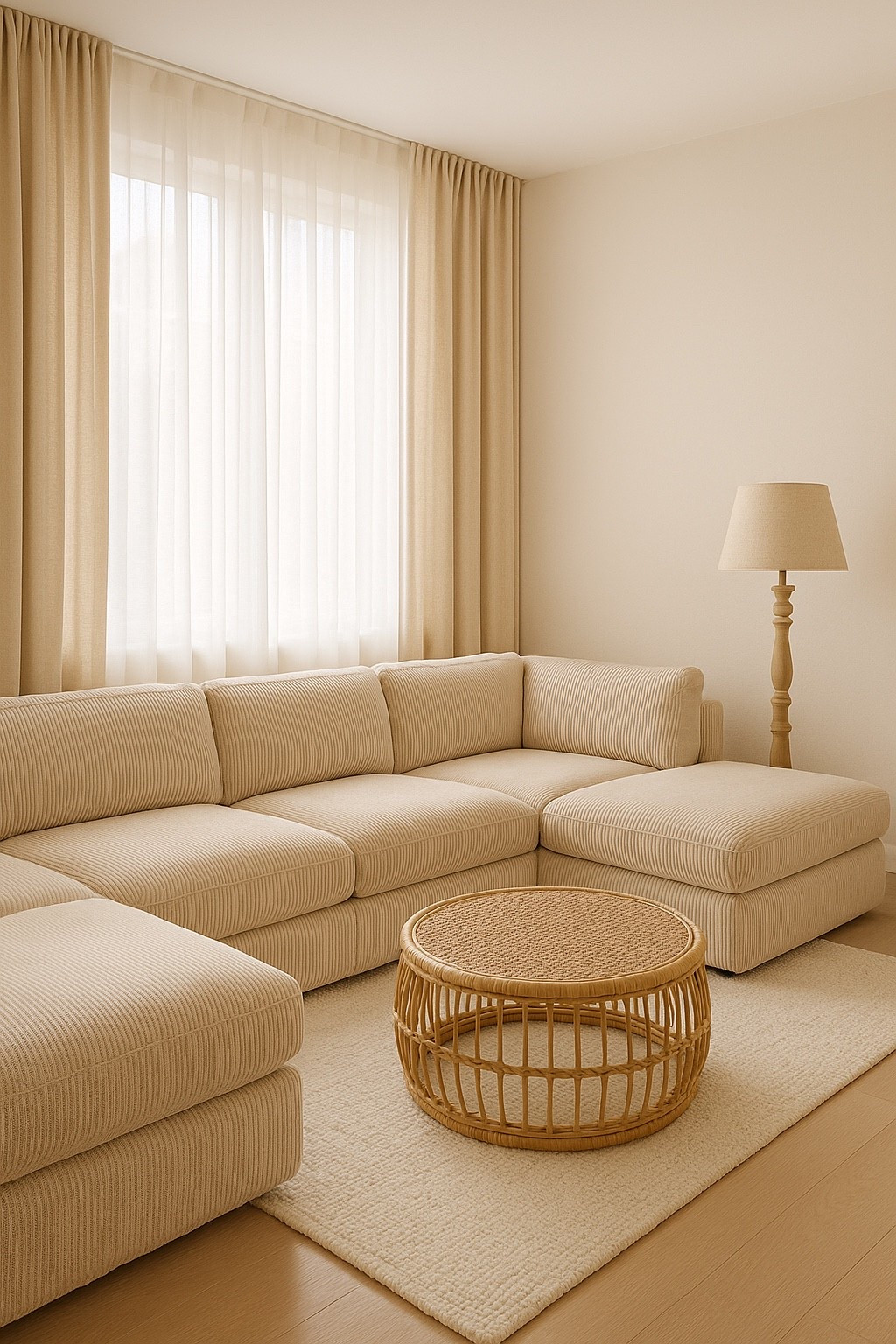 Cozy beige perfection 🤍 This ribbed corduroy sectional, rattan coffee table, and rustic floor lamp combo is everything for a serene, minimalist living space. #NeutralDecor #CozyInteriors

#LTKHome