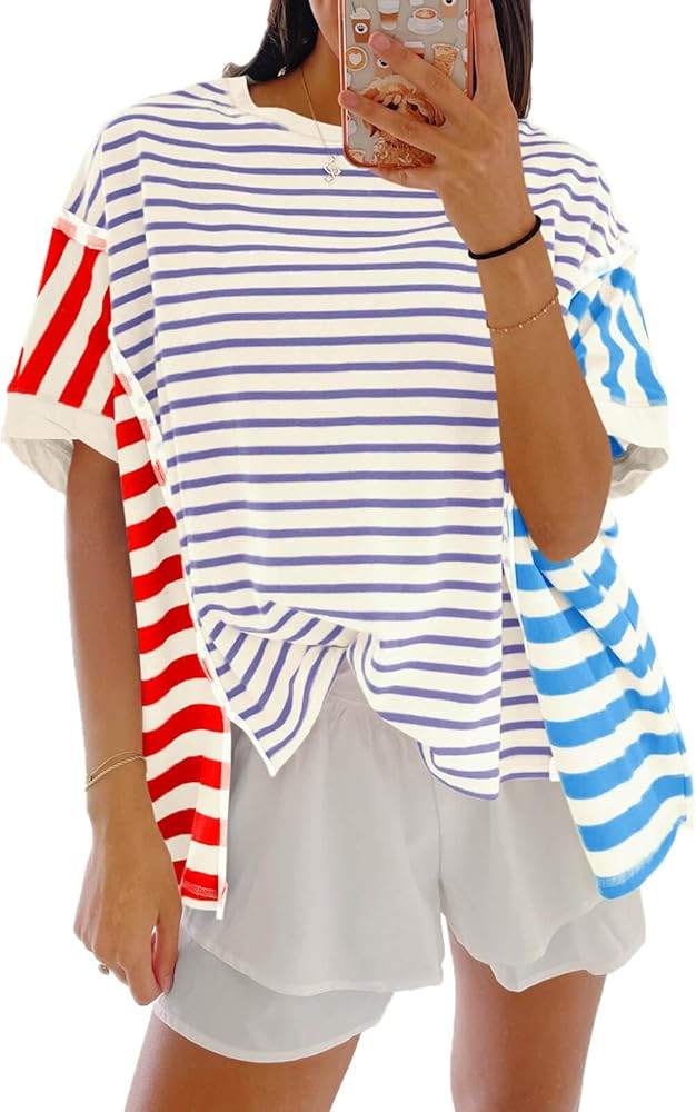 Tankaneo Womens Oversized Striped T-Shirts Color Block Short Sleeve Tee Tops Summer Casual High L... | Amazon (US)