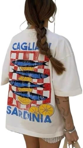 Cute Strawberry Beach Shirts Oversized Graphic Tees Women Short Sleeve Y2k Summer Tops 2000s Aest... | Amazon (US)