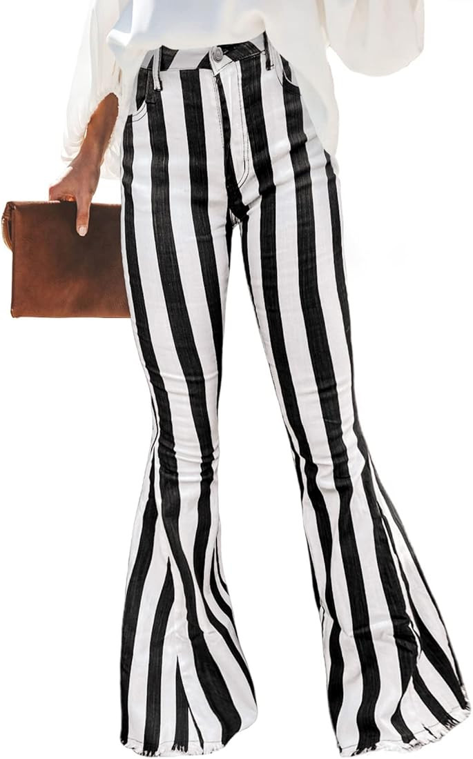 Sidefeel Womens Striped Bell Bottom Jeans Raw Hem Flared Denim Pants | Amazon (US)