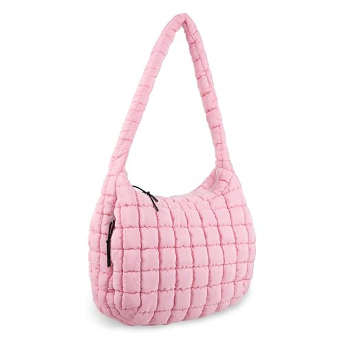 Quilted Puffer Tote Bag for Women,Large Puffer Crossbody Shoulder Bag Lightweight Nylon Hobo Bag with Zipper,Purse Puffy Quilted Carryall Bag Soft Oversized Padding Handbag for Daily Travel(Pink) | Amazon (US)