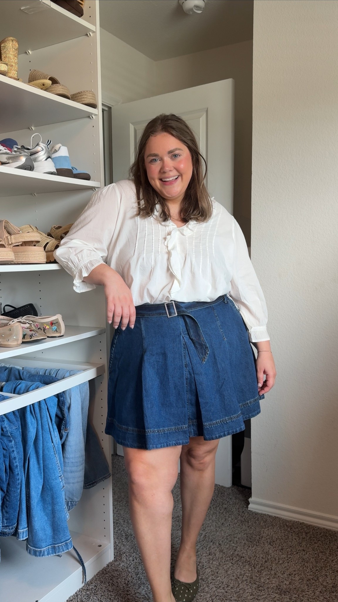 Walmart outfit wearing xxl in pleated denim skirt and white top. Got a half size up in studded flats 

#LTKPlusSize #LTKFindsUnder50
