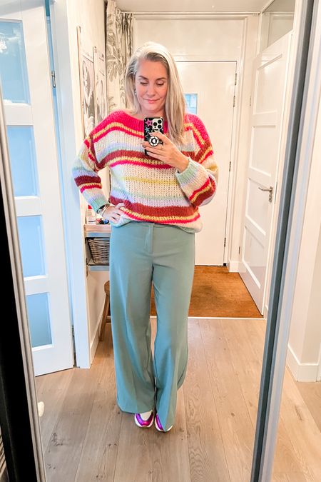 Colorful striped wool sweater (old, Lola Liza), paired with teal wide legged trousers (old, Zara) and sneakers from Je m’appelle. None of these can be linked but I linked similar items. 



#LTKover40 #LTKstyletip #LTKmidsize