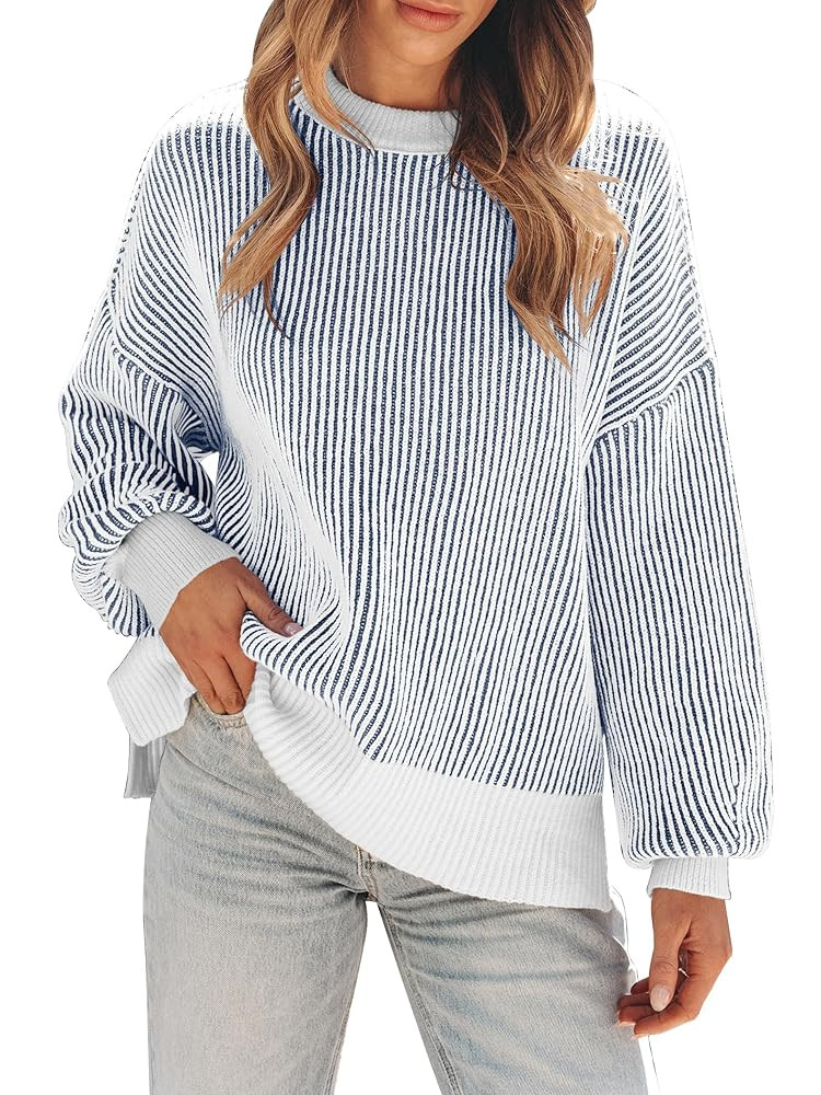 Womens Sweaters Fall 2025 Clothes Oversized Long Sleeve Colorblock Striped Knit Pullover Tops Cas... | Amazon (US)