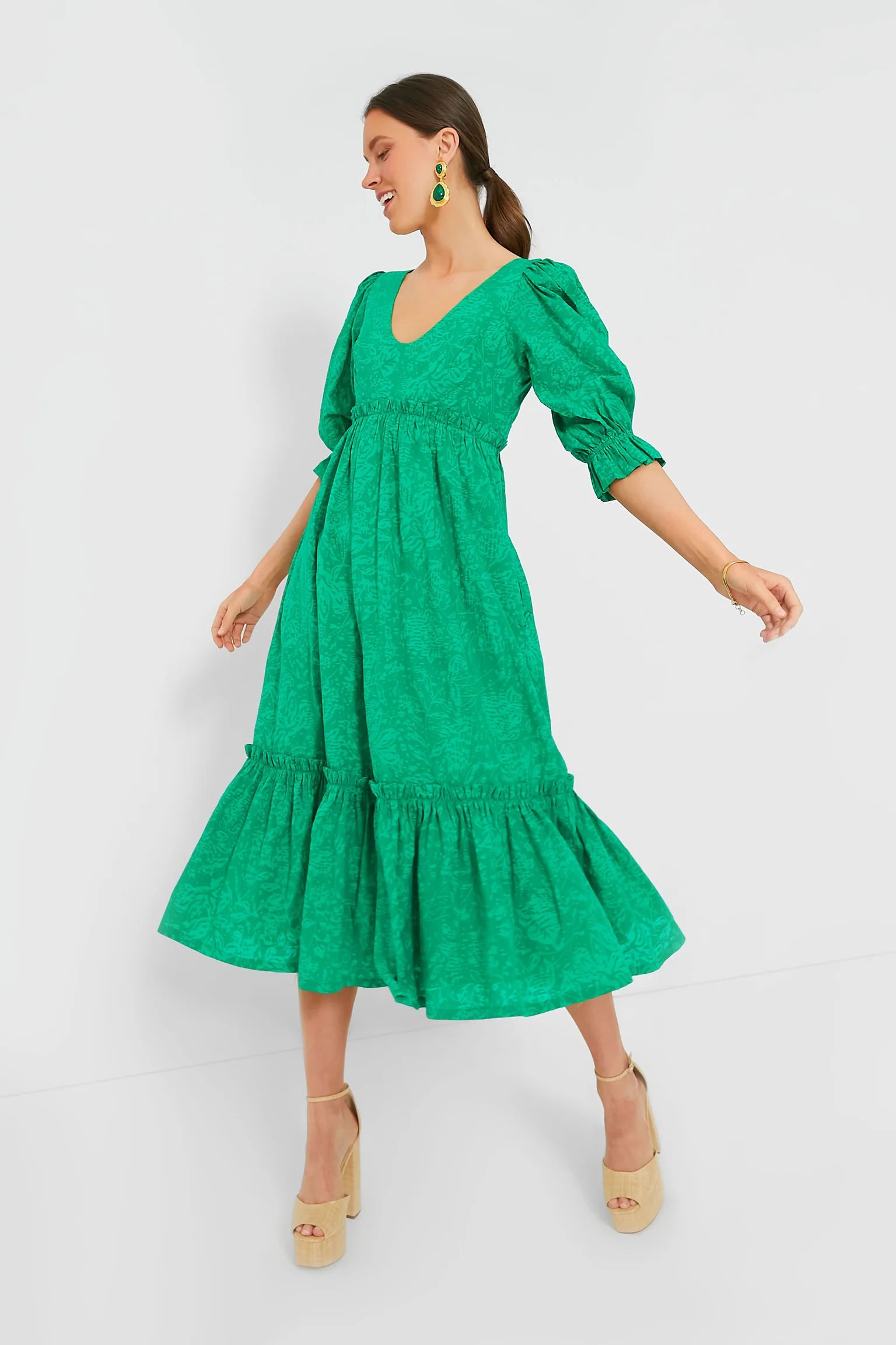 Green Puff Sleeve Lorelei Midi Dress | Tuckernuck (US)