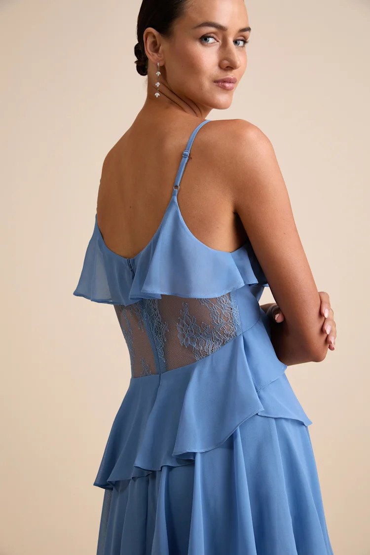 Dalena Dusty Blue Ruffled Lace Maxi Dress | Lulus