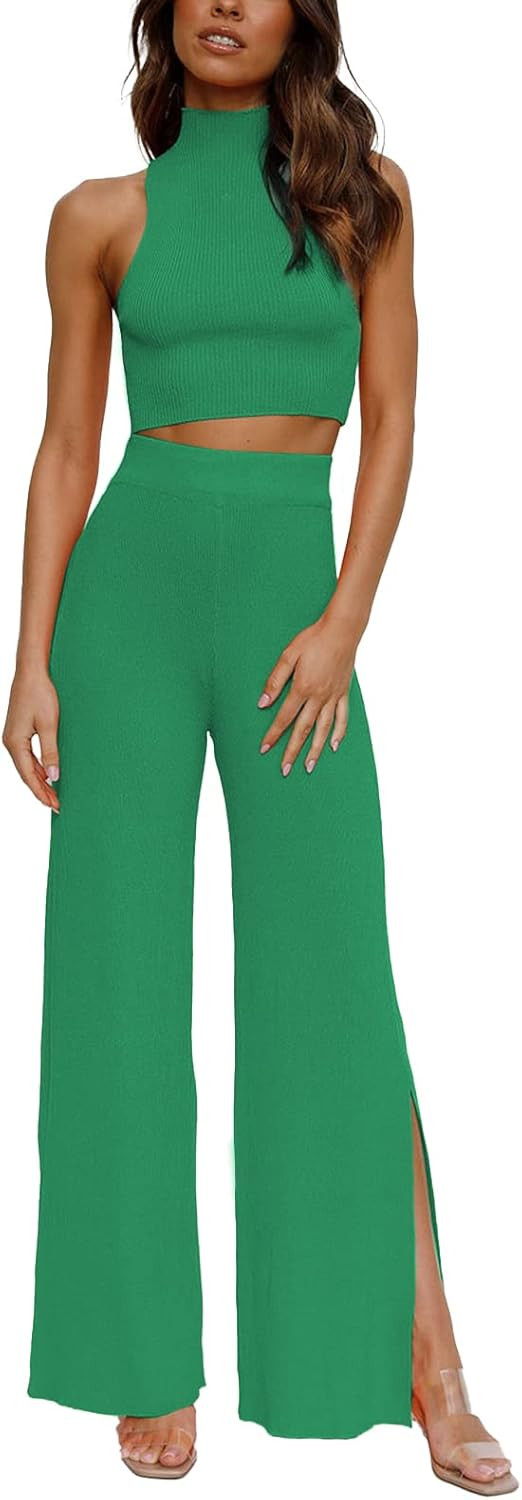 ARTFREE Womens 2 Piece Outfits Sets Casual Sweatsuits Streetwear, Ribbed Knit Palazzo Wide Leg Pa... | Amazon (US)