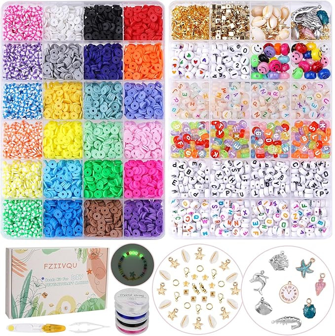 FZIIVQU 7200 Pcs Clay Beads 2 Boxes Friendship Bracelet Making Kit 24 Colors Letter Beads Flat Di... | Amazon (US)