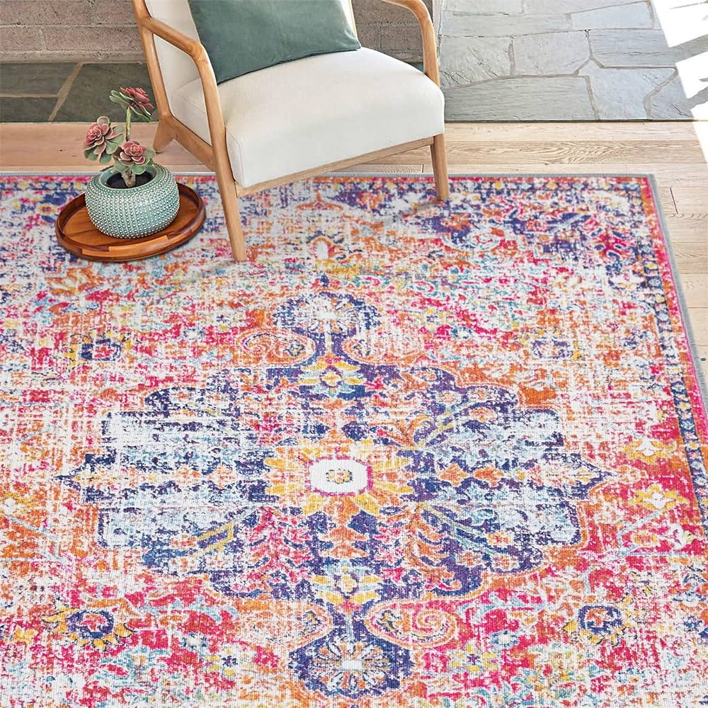 Ultra Thin Washable Boho Area Rug - 5x7 Vintage Distressed Non-Slip Bedroom Rug Oriental Medallio... | Amazon (US)