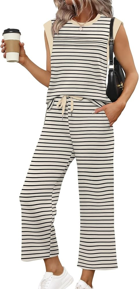 WIHOLL Two Piece Sets for Women Summer Spring Lounge Sets Travel Vacation Outfits Cap Sleeve Side... | Amazon (US)