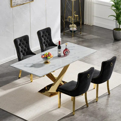 Faux Marble Dining Table Gold Dining Table Set with Beige Tufted Dining Chairs, 70 in Rectangle Large Kitchen Dining Room Table Set with Stainless Ste | Wayfair North America