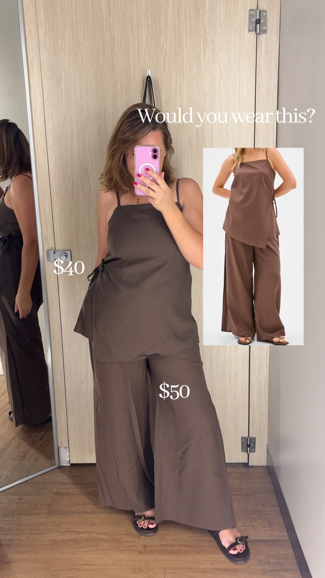 Brown Matching Set | Wide Leg Pants Outfit | Summer Two Piece Set

This chocolate brown two-piece set is the definition of effortless styling. Flowing wide leg pants + asymmetric cami top = relaxed but elevated.

Stylist tips:
• Show a little shoulder to balance the volume.
• Keep sandals minimal for a clean silhouette.
• Wear as a set or style the pants with a fitted tank or blazer.

Perfect for summer dinners, holidays, resort wear, or elevated everyday outfits.

Linked here 🤎