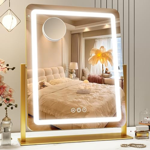 ROLOVE Vanity Mirror with Lights, 18"x22" LED Makeup Mirror with 10X Magnification, Smart Touch 3 Colors Dimmable, Light Up Mirror for Makeup Desk, 360° Rotation, Gold | Amazon (US)
