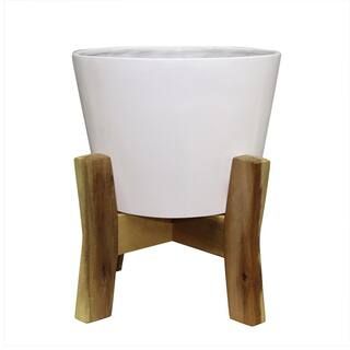 Southern Patio Contemporary 16 in. x 19.87 in. White Resin Composite Indoor Planter with Wood Sta... | The Home Depot