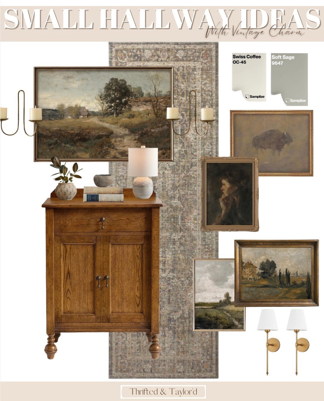 Small hallway decor can completely change how your home feels the moment you walk through it. I love how this space feels layered and collected without being crowded — warm neutral walls, sage green trim, medium tone oak floors, antique inspired artwork, and classic brass sconces all working together to create that cozy vintage charm.
The runner adds softness and pattern, while the wood cabinet at the end of the hall grounds everything in warmth. Every piece here is linked so you can recreate the full hallway look or pull a few favorites into your own space.

#LTKHome