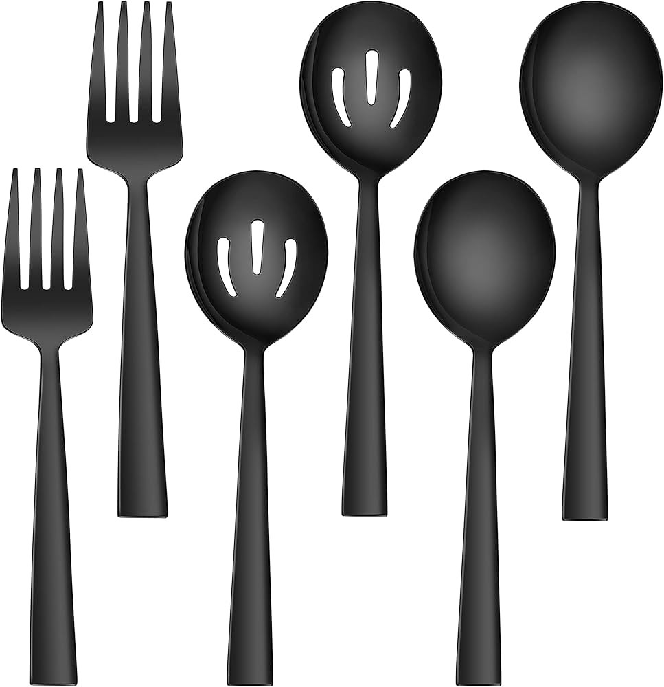 LIANYU 6-Piece Black Serving Utensils, Include 2 Serving Spoons, 2 Slotted Serving Spoons, 2 Serving Forks, 8.6 Inch Stainless Steel Large Serving Spoons Forks for Buffet Catering, Dishwasher Safe | Amazon (CA)