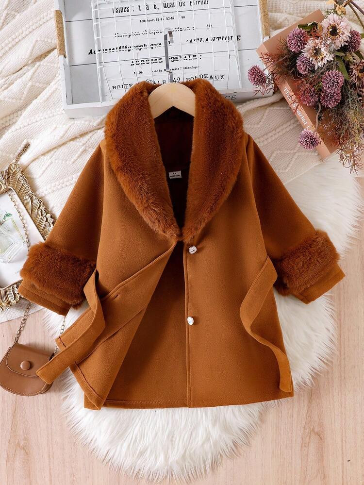 SHEIN Young Girls' Overcoat With Faux Fur Collar, Elegant & Cute, Suitable For Young Girl In Winter Fall | SHEIN