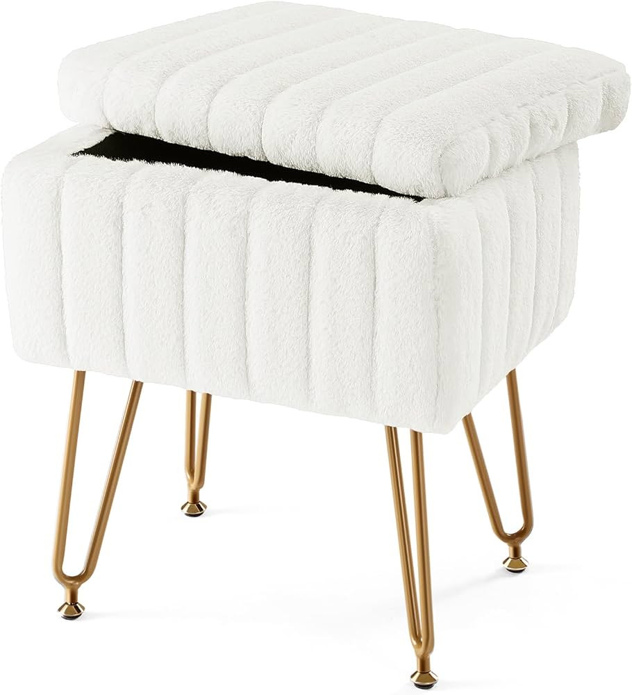Sweetcrispy Vanity Stool Chair with Storage, 18.9”H x 16”L x 12.2”W Ottoman Chair Faux Fur ... | Amazon (US)