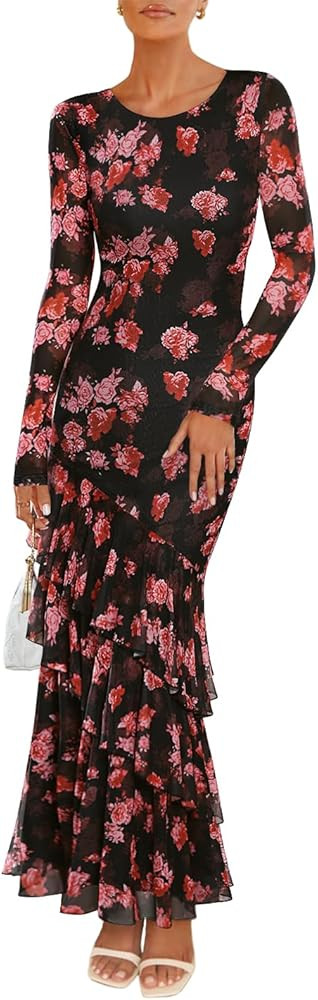 ZESICA Women's Floral Bodycon Maxi Dresses 2025 Fall Boho Long Sleeve Mesh Ruffle Mermaid Wedding... | Amazon (US)