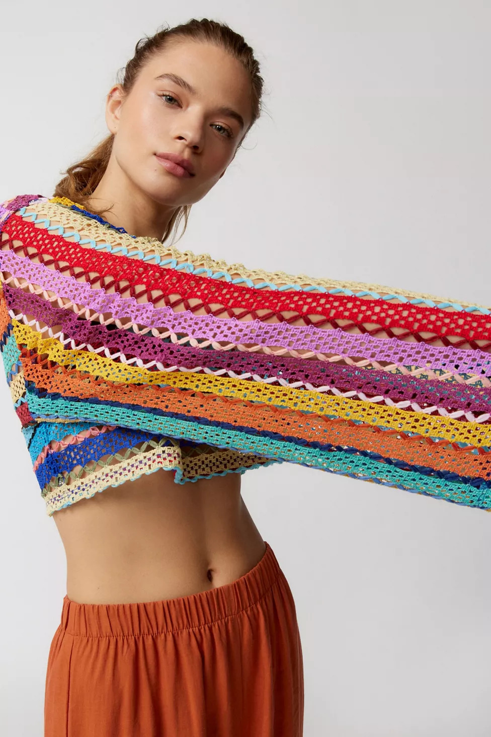 Urban Renewal Remnants Open Stitch Loose Knit Cropped Rainbow Sweater | Urban Outfitters (US and RoW)