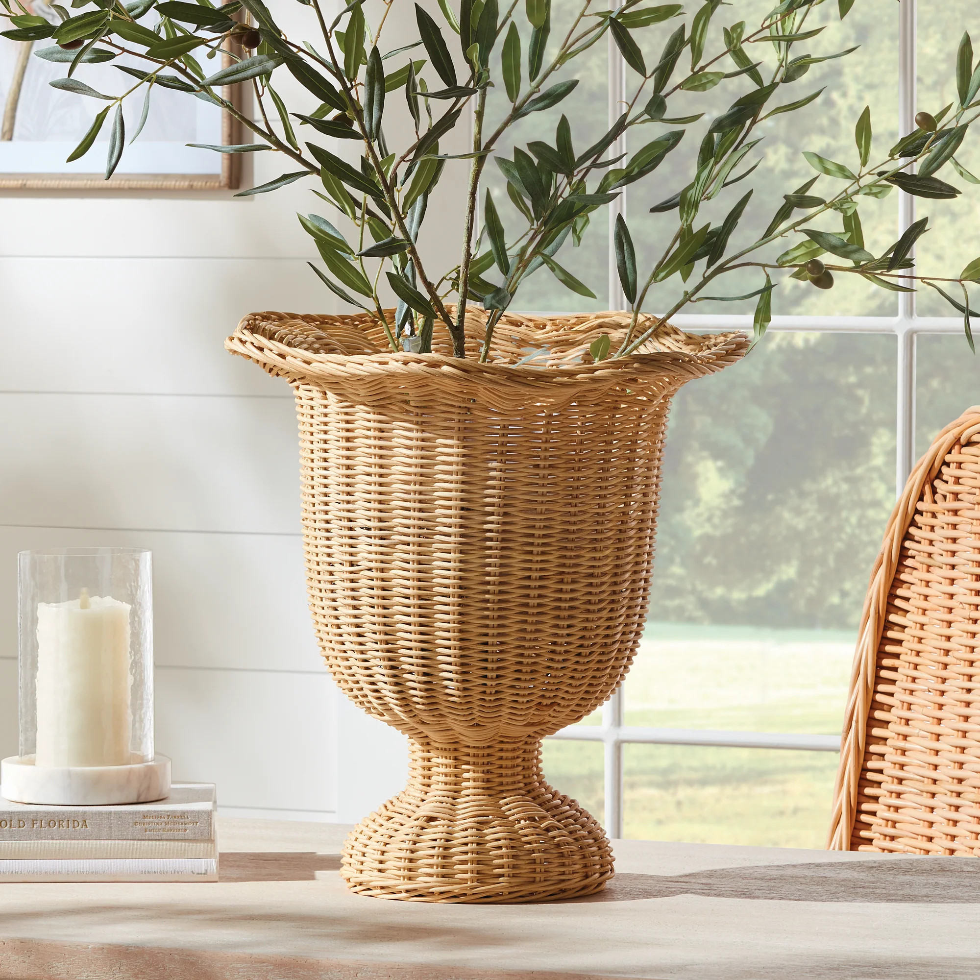 Nola Rattan Scalloped Edge Footed Urn | Gorgeous Living