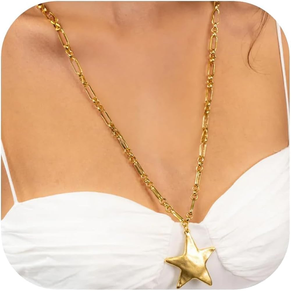Star Necklace for Women Gold Tone Chunky Pendant Long Chain Layered Choker Punk Statement Jewelry... | Amazon (US)