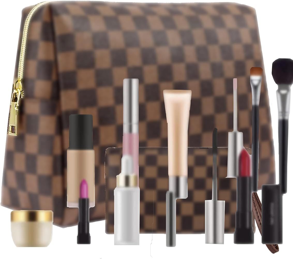 BAGCRAZY Makeup Bag, Cosmetic Bag, Portable Leather Large Checkered Makeup Bag, 2 Pack Large Capa... | Amazon (US)