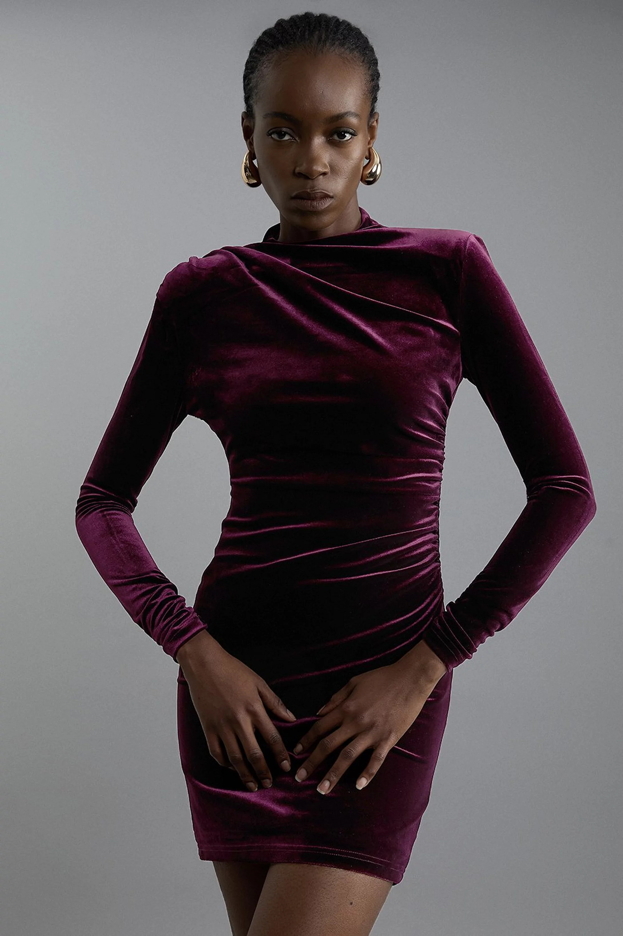 Velvet Long Sleeve Detail Mini Dress | Karen Millen | Karen Millen UK + IE + DE + NL