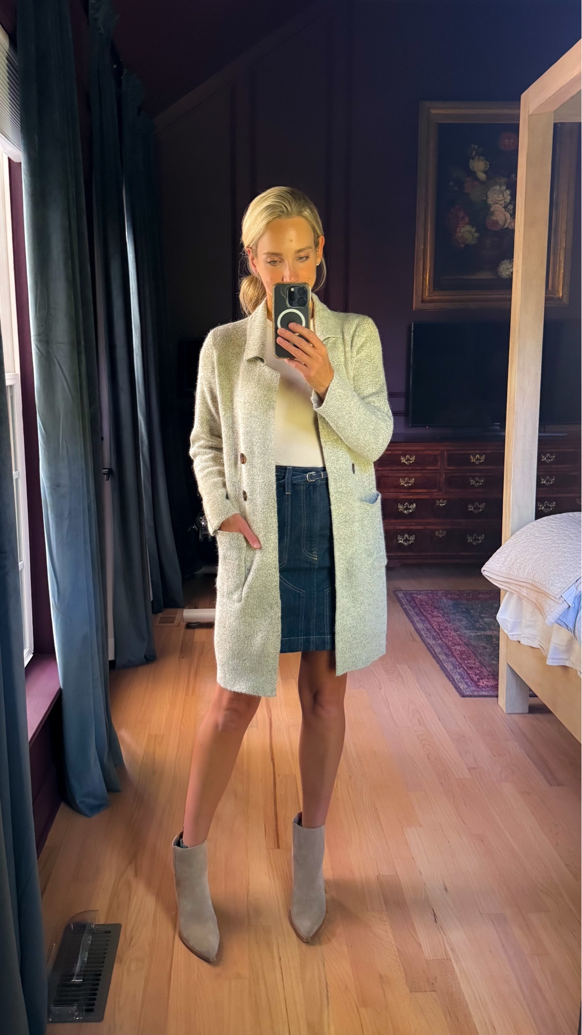 Amazon fall outfit cardigan coat jacket sweaters jean skirt denim skirt casual outfit nuuds rib top tshirt boots booties