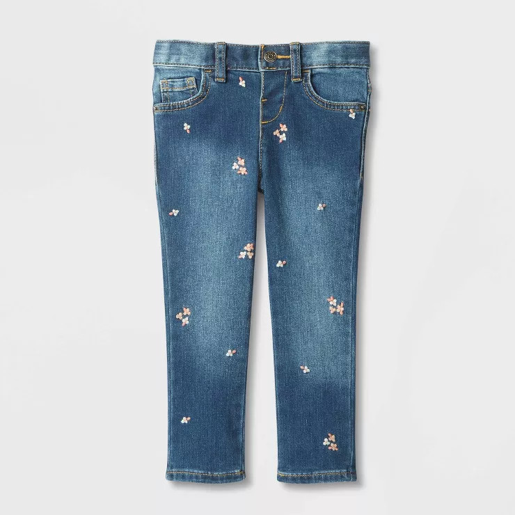Toddler Girls' Mid-Rise Floral Embroidered Skinny Jeans - Cat & Jack™ Blue | Target