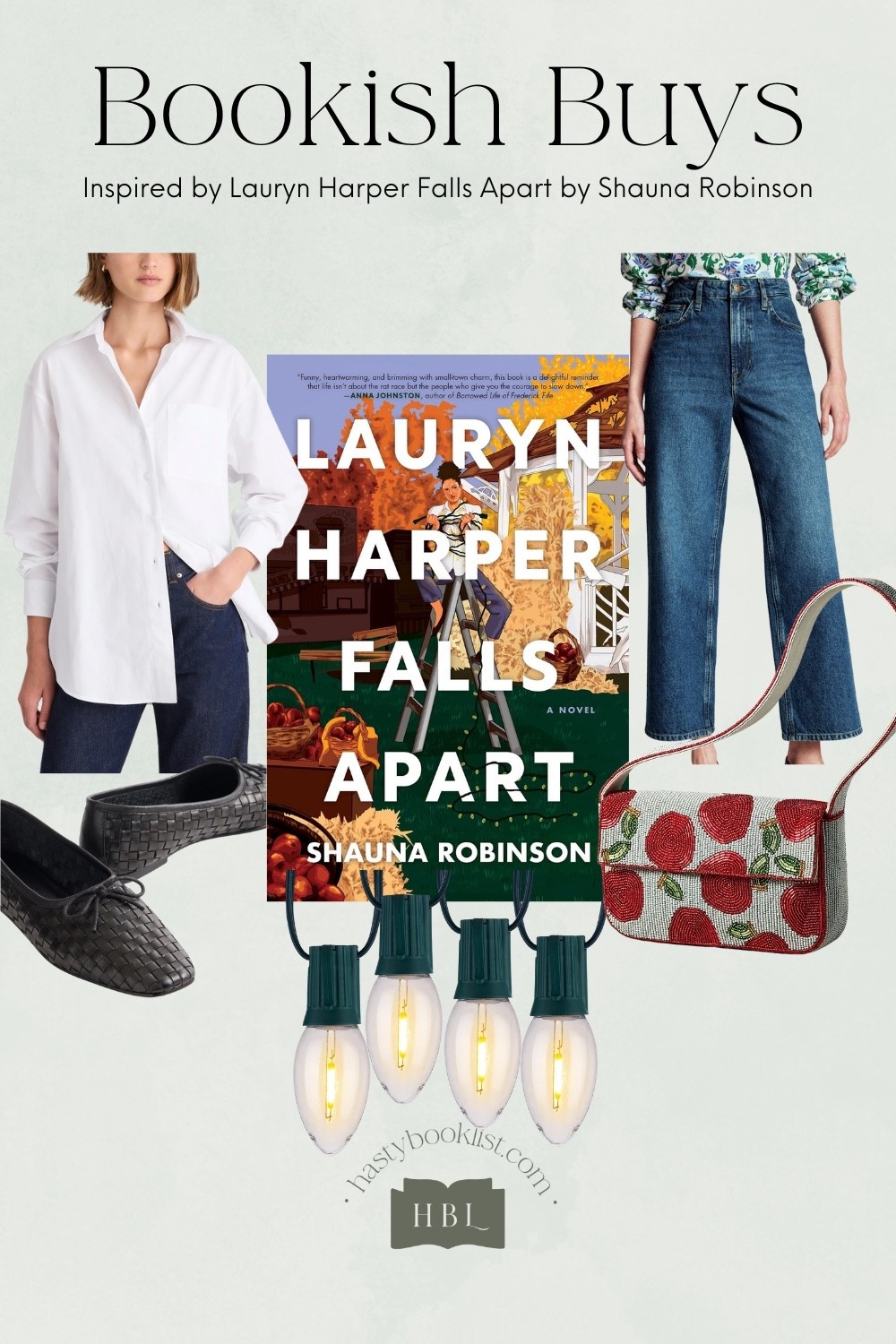 Wearing a crisp white button-down with cropped wide-leg jeans, classic black flats, and an apple-shaped purse while stringing fairy lights isn’t just a charming fall outfit—it’s pure Lauryn Harper energy from Lauryn Harper Falls Apart by Shauna Robinson. It’s that perfect mix of polished and playful, grounded yet ready to pivot when life throws you off your carefully plotted course.

Lauryn is a woman who’s built her life around meticulous plans, the kind that leave little room for detours. But when a work mishap sends her back to the hometown she once fled, she finds herself knee-deep in festival planning, small-town drama, and unexpected second chances. That white shirt and jeans combo? It’s the uniform of someone who thought she’d be ticking off career milestones in a high-rise office—but is instead navigating hay bales, craft booths, and strings of twinkle lights. The black flats? Practical enough for long hours on your feet, but chic enough to say you still have standards. And that apple purse? A wink to the festival theme—and a reminder that sometimes leaning into the local flavor can be surprisingly sweet.

Wearing this look is your way of stepping into a story where the plot twist is rediscovering that home can hold more joy than regret, that friendships can be mended, and that the plans you never made might just be the ones worth keeping. So grab those fairy lights, slip on your flats, and head into the crisp autumn air—because like Lauryn, you might just find that the things you once ran from are the very things that make you feel like the main character in your own life.

#LTKHome #LTKSeasonal #LTKWorkwear