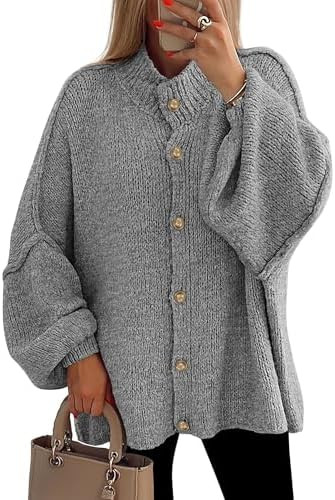 PRETTYGARDEN Women's Winter Button Down Cardigan Sweaters Mock Neck Lantern Long Sleeve Chunky Kn... | Amazon (US)